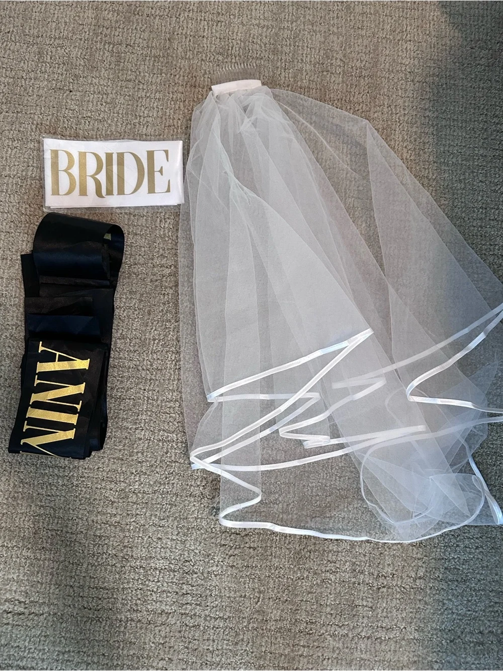 White Bridal Veil with 'Bride' and Black 'ANNY' Sashes